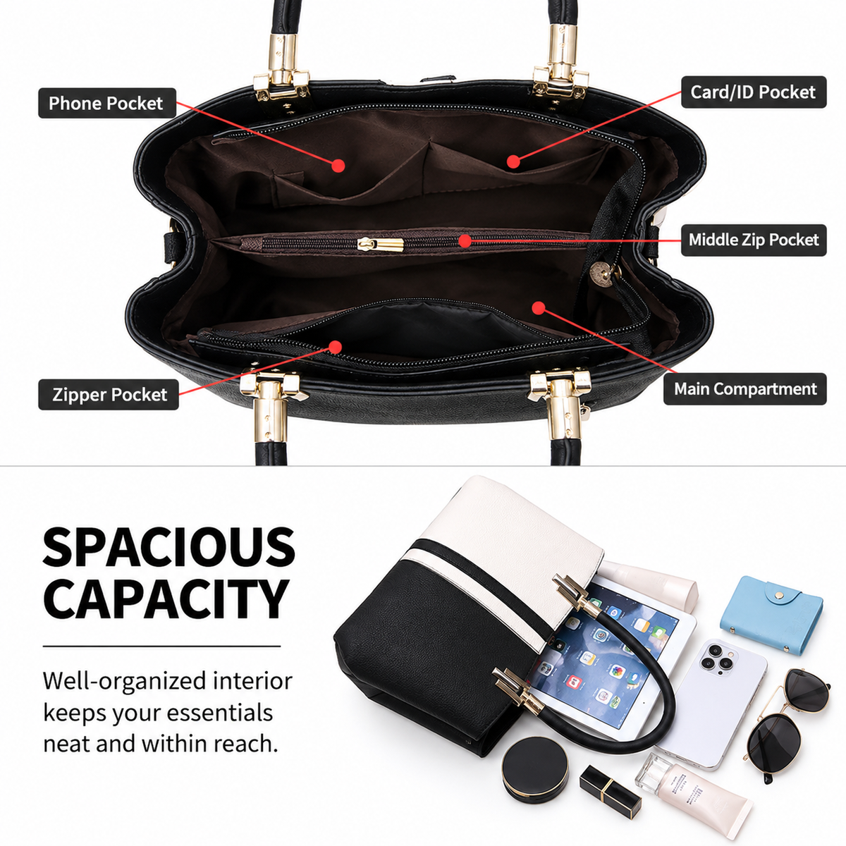 Large Capacity Color Block PU Leather Handbag, Square Shoulder Crossbody Bag with Bottom Rivets & Multi‑Pocket Storage for Daily Casual Use, Purple and White 29 x 21 x 14CM